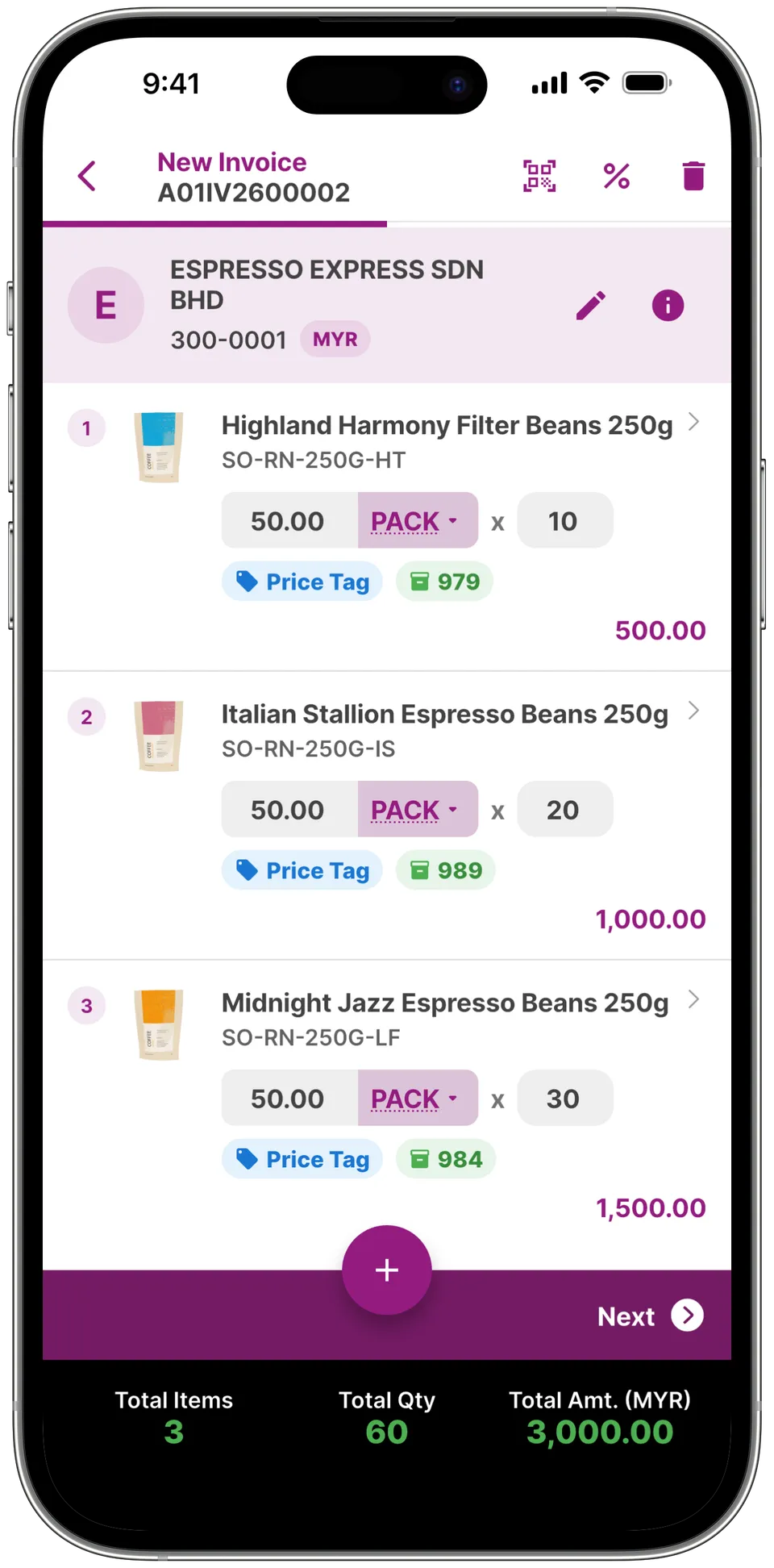 Orders, tiered prices and promos, applied automatically.