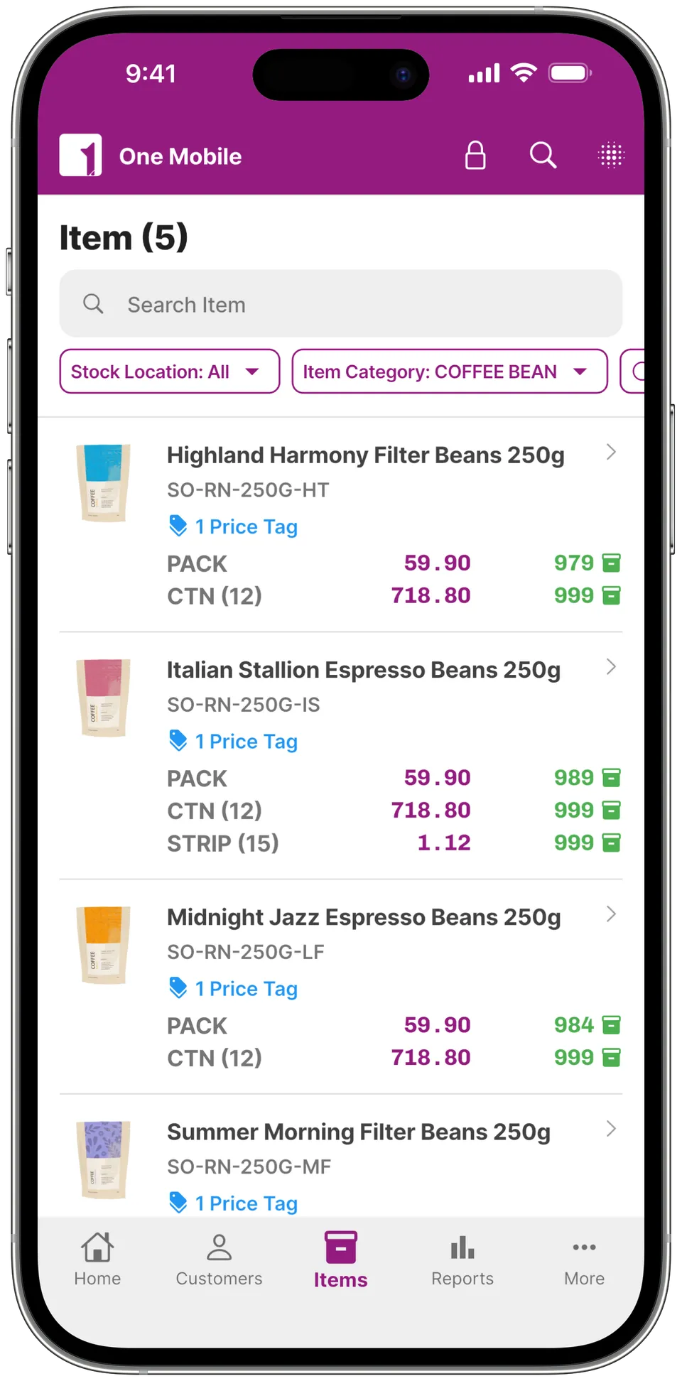 Van stock, warehouse-reconciled.