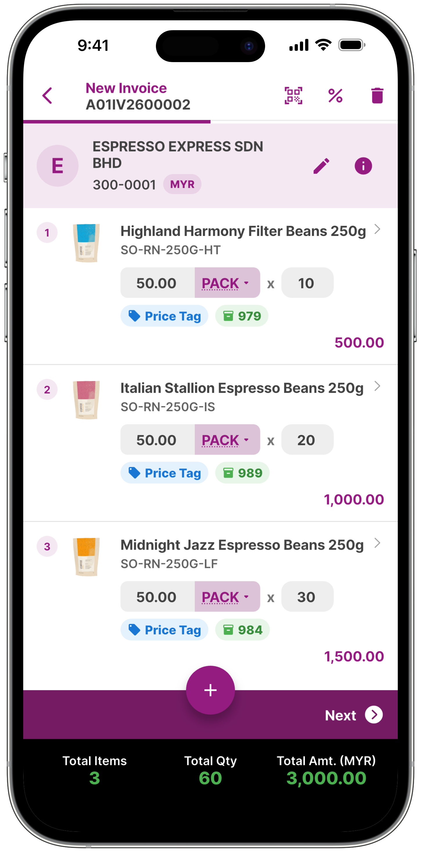 Orders, tiered prices and promos, applied automatically.